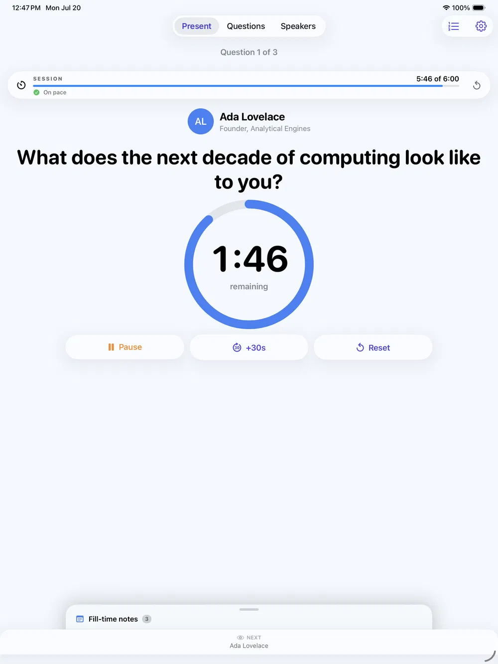 PanelPilot Present mode on iPad with a live countdown ring