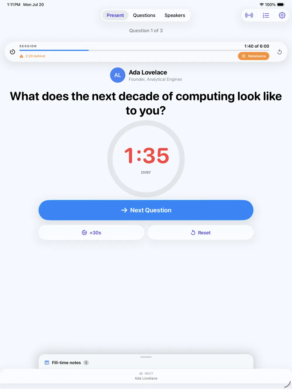 PanelPilot overtime state: red ring showing 1:35 over with Next Question button