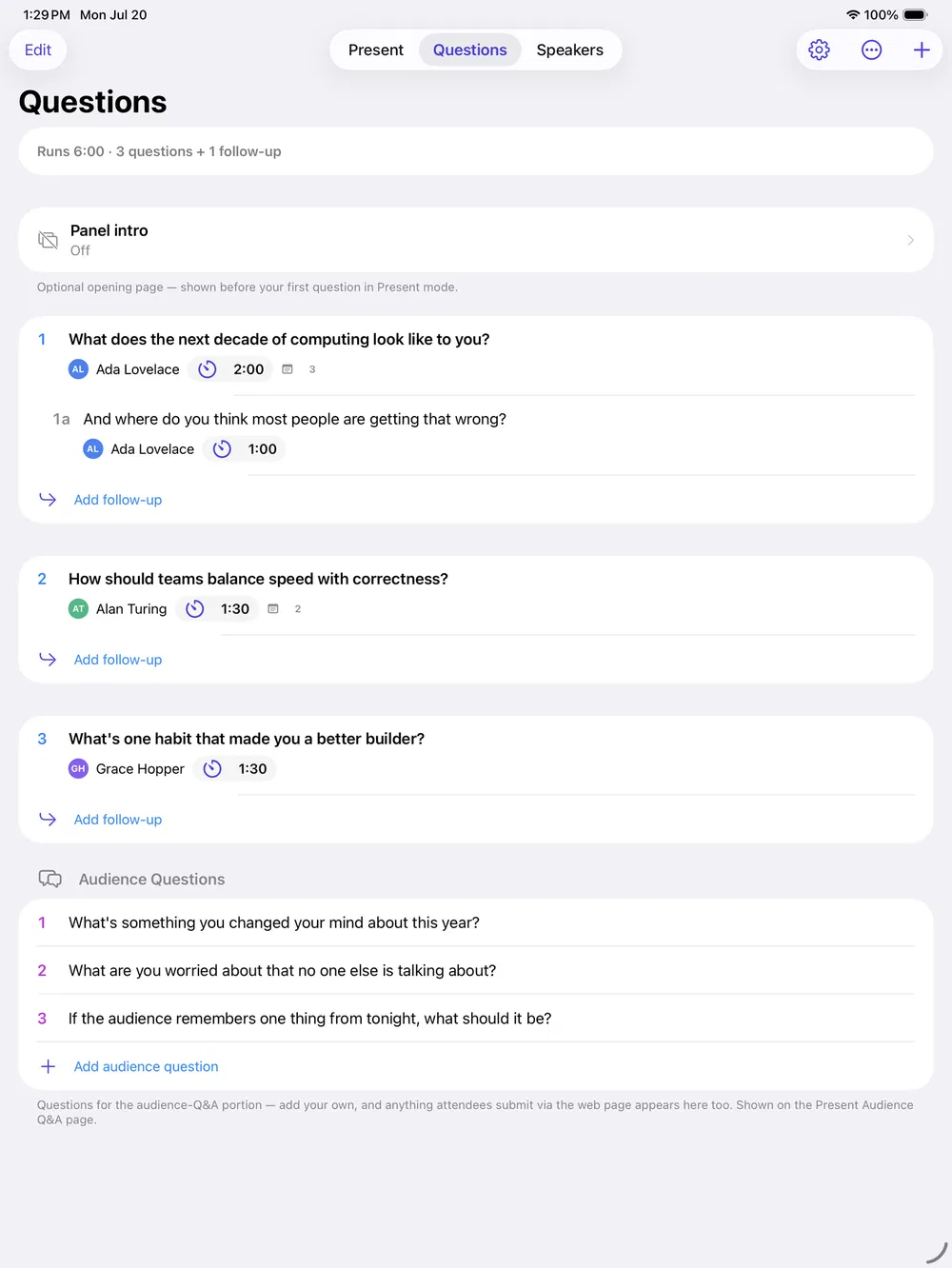 PanelPilot Questions view: run of show with follow-ups and audience questions